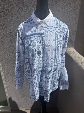 Johnny Was Workshop White Blue Paisley Embroidered Blouse Top | SZ Small